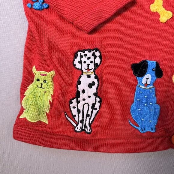 Vtg Quacker Factory Womens Large Red Colorful Dogs Cardigan Sweater Buttons - Picture 3 of 5